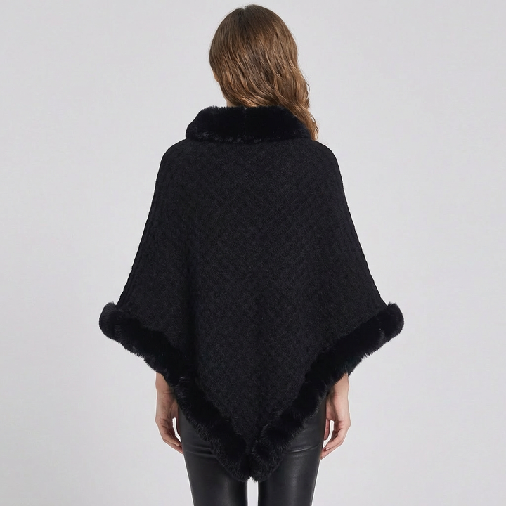 Kvinners Strikket Poncho med Faux Fur Kant og Oversized Passform