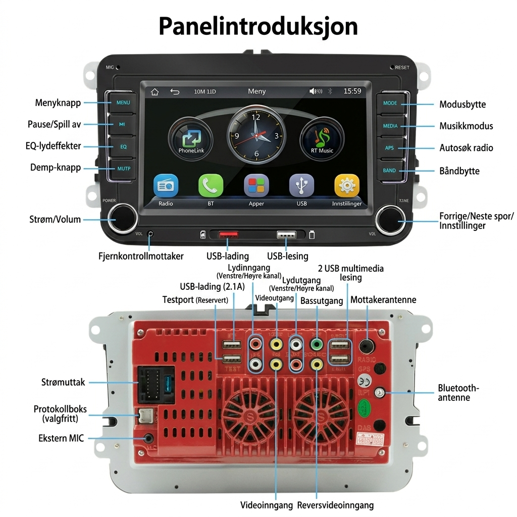 7-tommers HD-berøringsskjerm og Bluetooth MP5-spiller for bil