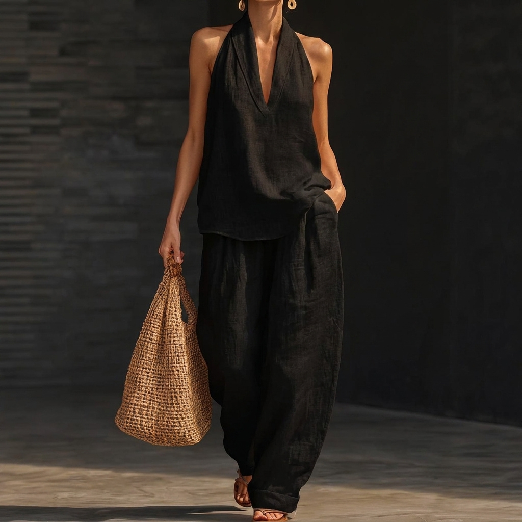 Kvinnes Halter Top og Brede Bukser Sett med V-Hals Design