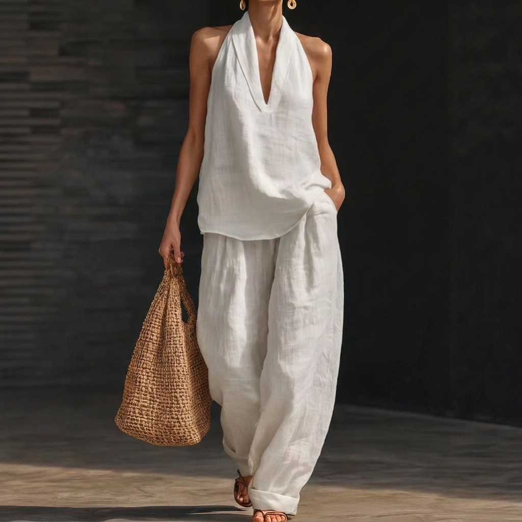 Kvinnes Halter Top og Brede Bukser Sett med V-Hals Design