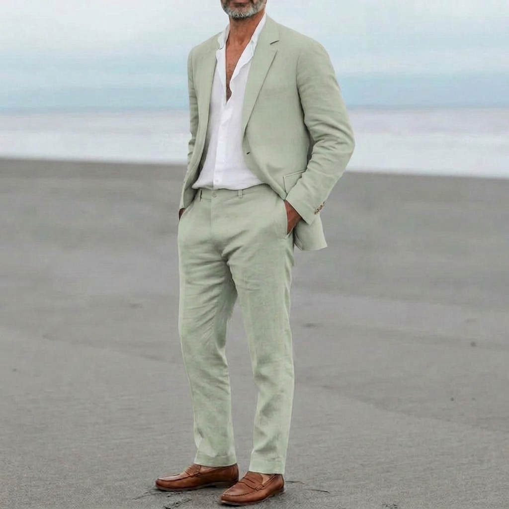 Menns casual lin blazer og bukser sett