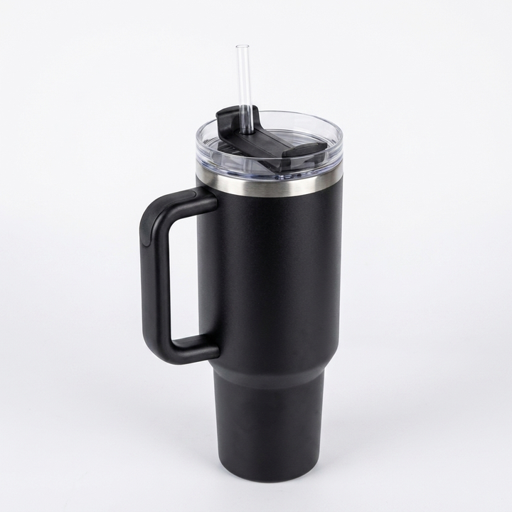 40 oz (ca. 1,2 l) termokopp i rustfritt stål med håndtak og lokk med sugerør