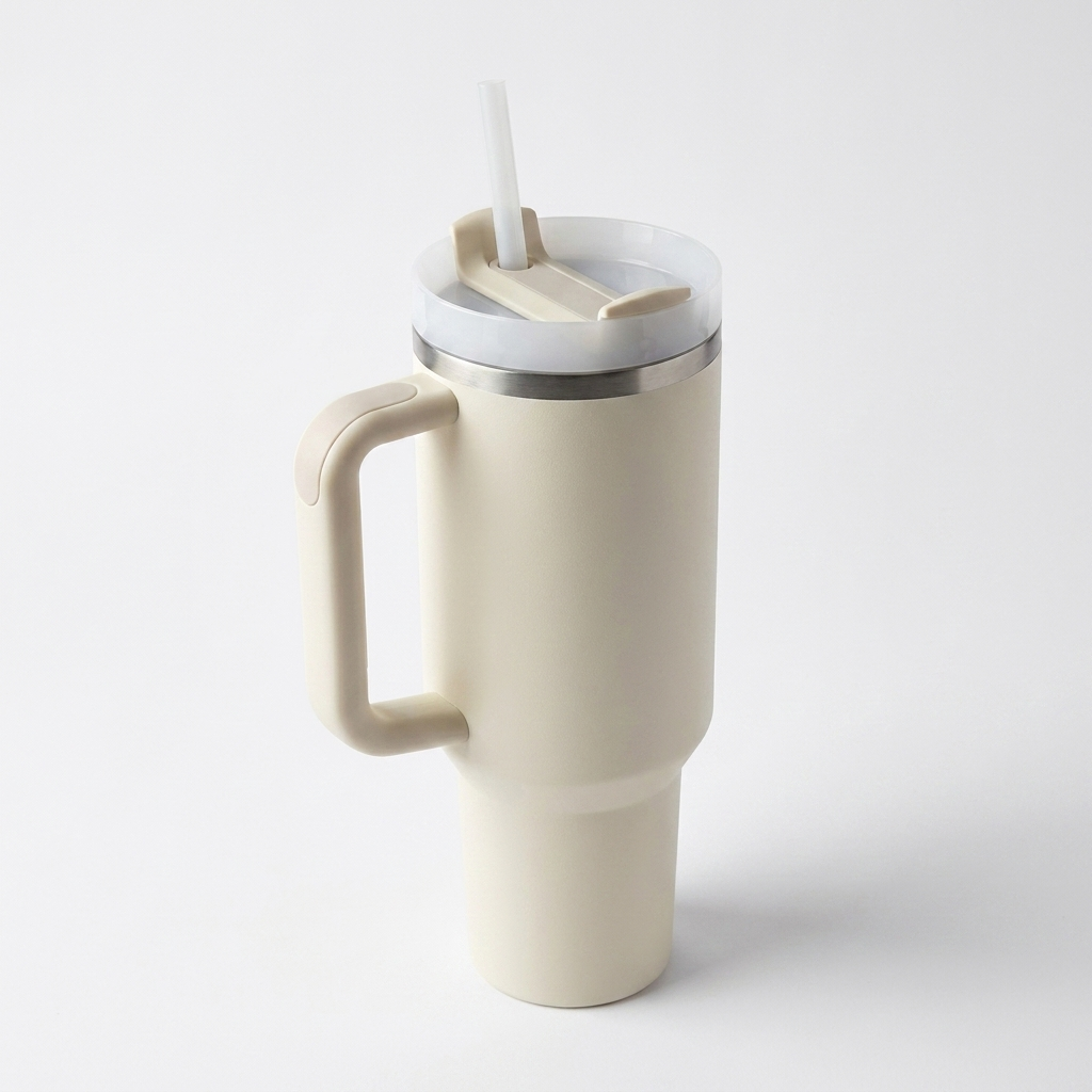 40 oz (ca. 1,2 l) termokopp i rustfritt stål med håndtak og lokk med sugerør