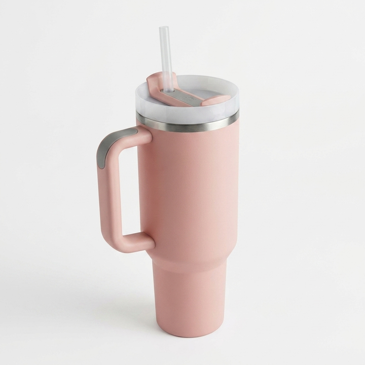 40 oz (ca. 1,2 l) termokopp i rustfritt stål med håndtak og lokk med sugerør