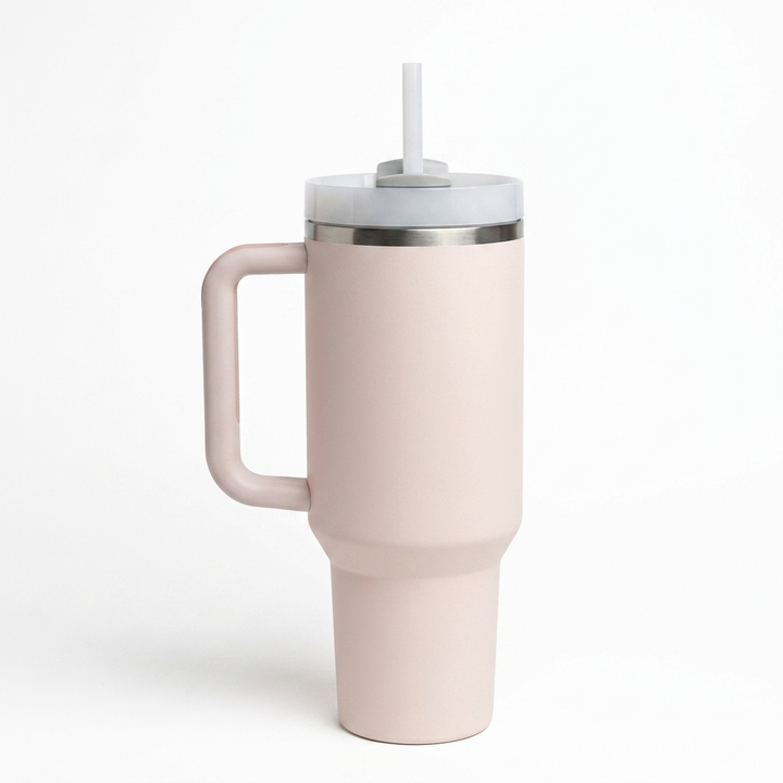 40 oz (ca. 1,2 l) termokopp i rustfritt stål med håndtak og lokk med sugerør