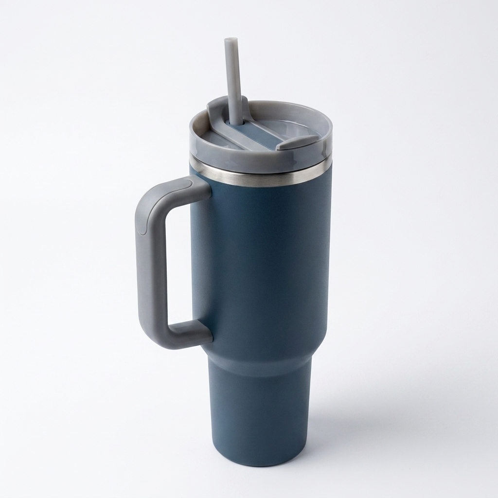 40 oz (ca. 1,2 l) termokopp i rustfritt stål med håndtak og lokk med sugerør
