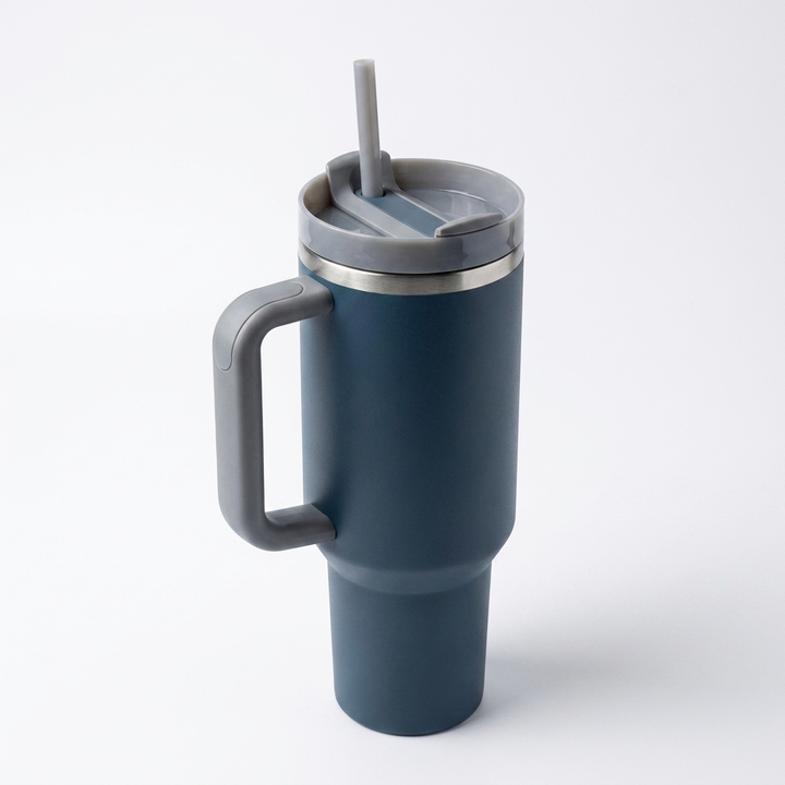40 oz (ca. 1,2 l) termokopp i rustfritt stål med håndtak og lokk med sugerør