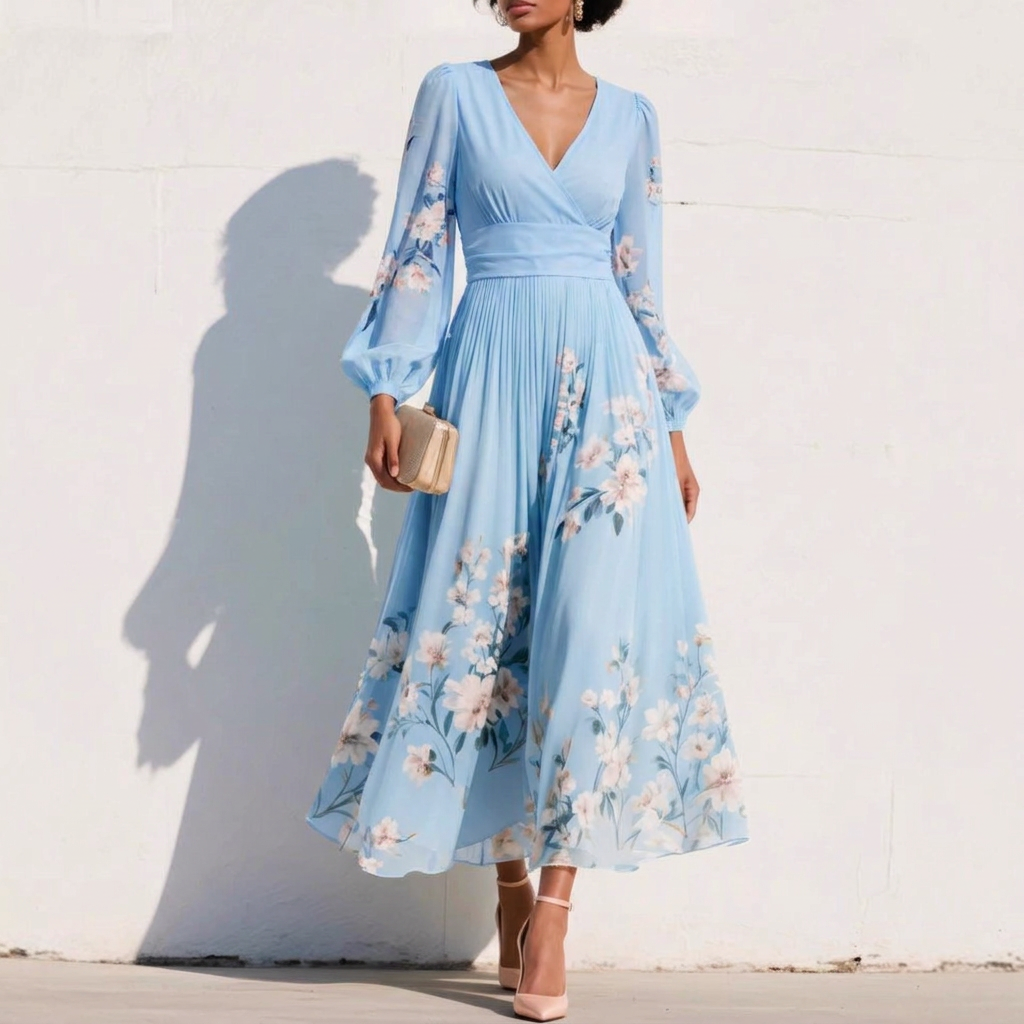 Kvinners Vår Chiffon Pleated Langermet Kjole