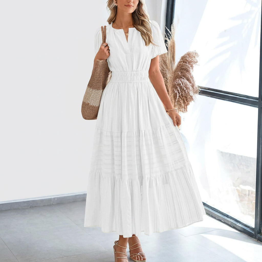 Kvinners Pleated Puff Sleeve Maxikjole