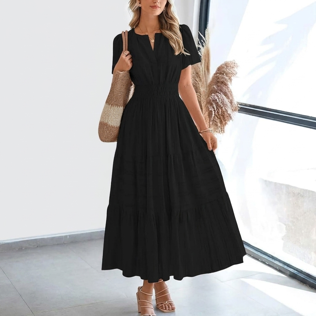 Kvinners Pleated Puff Sleeve Maxikjole