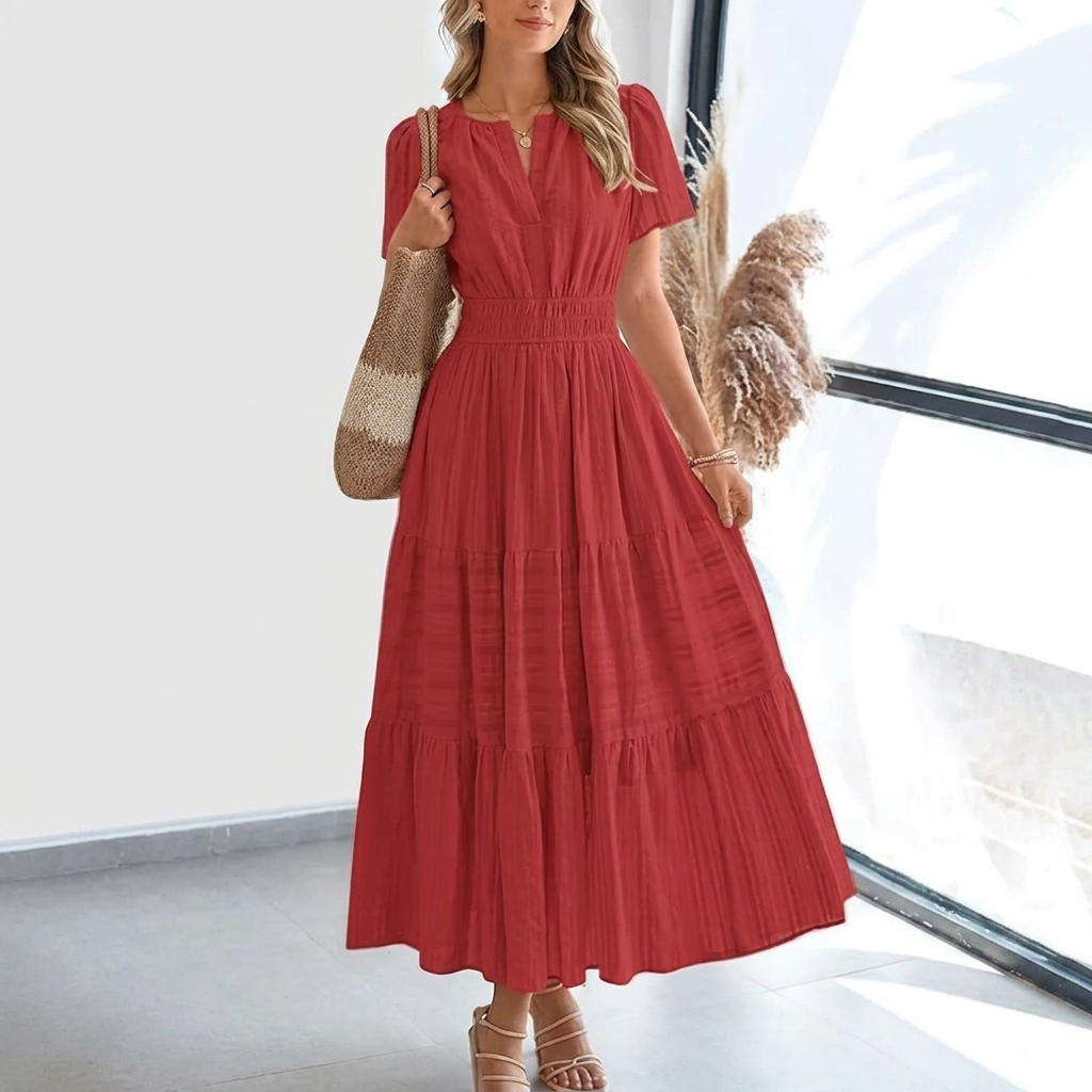 Kvinners Pleated Puff Sleeve Maxikjole