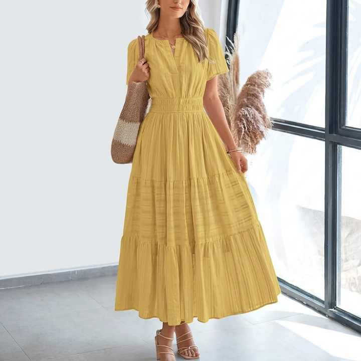 Kvinners Pleated Puff Sleeve Maxikjole