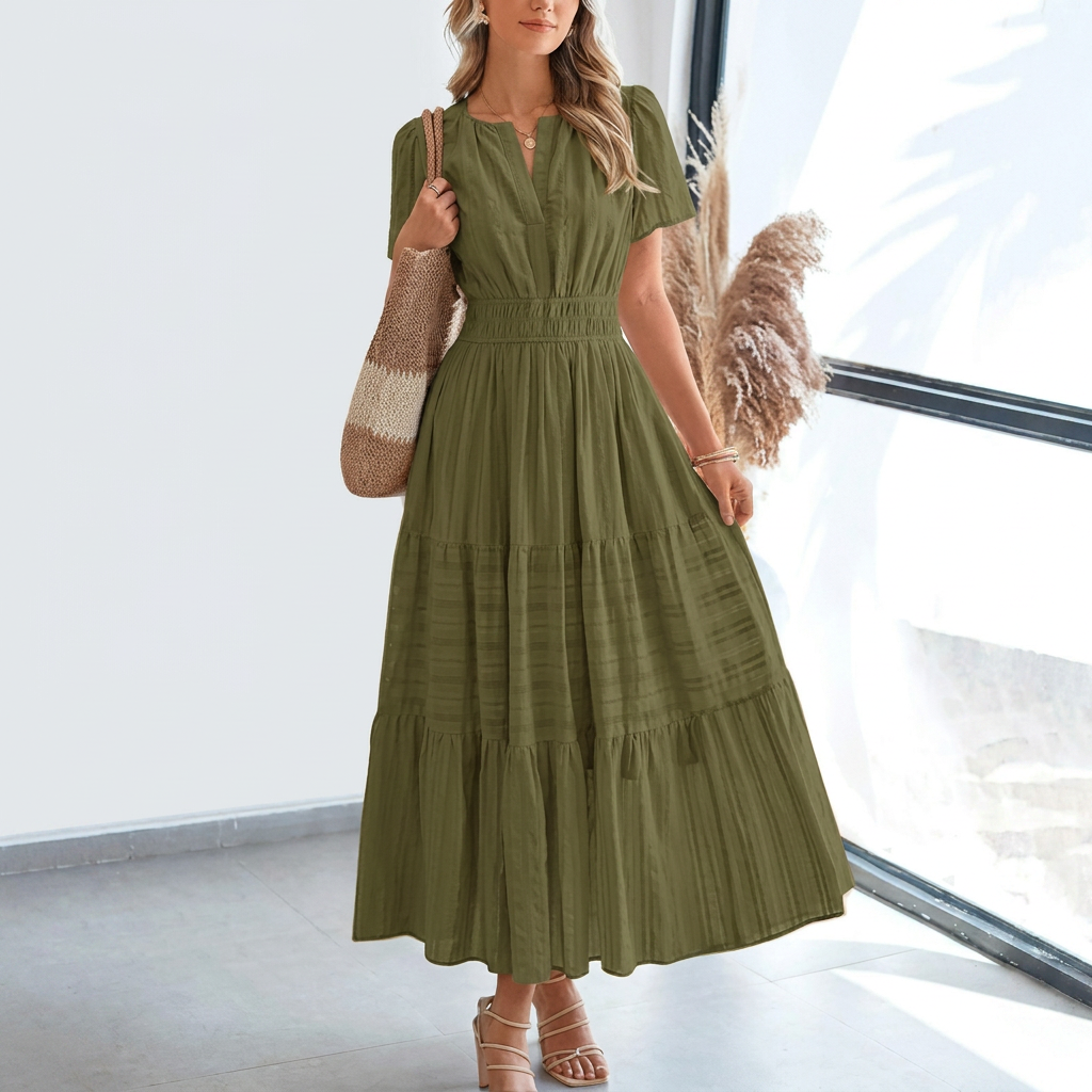 Kvinners Pleated Puff Sleeve Maxikjole