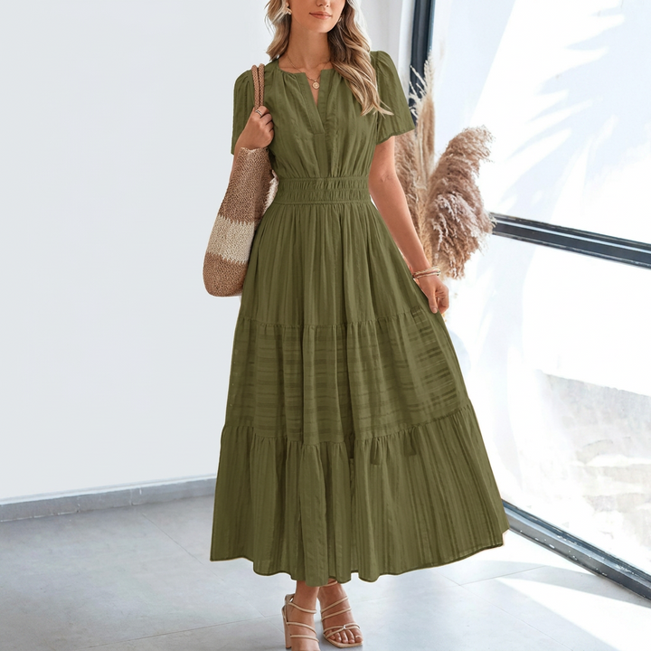 Kvinners Pleated Puff Sleeve Maxikjole