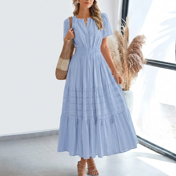 Kvinners Pleated Puff Sleeve Maxikjole