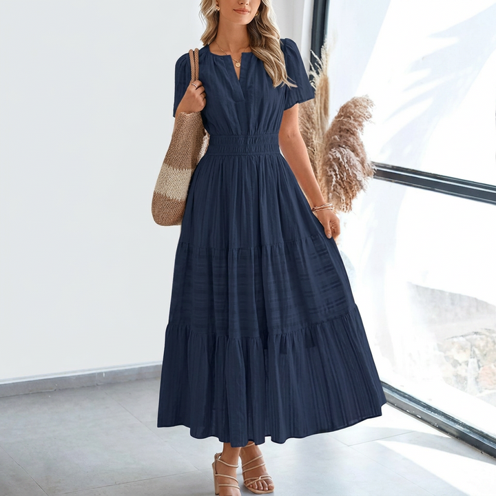 Kvinners Pleated Puff Sleeve Maxikjole