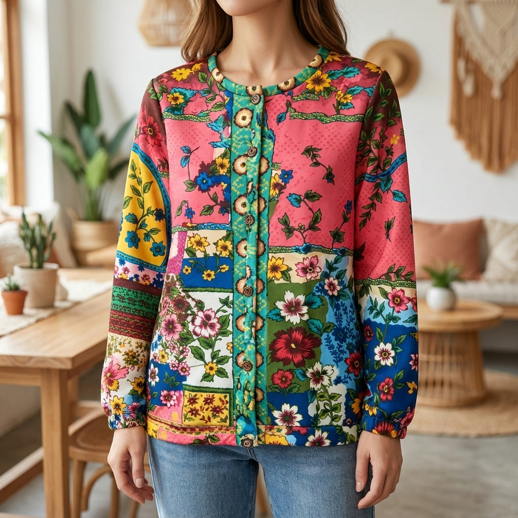 Vintage Kvinners Cardigan med Blomster Patchwork