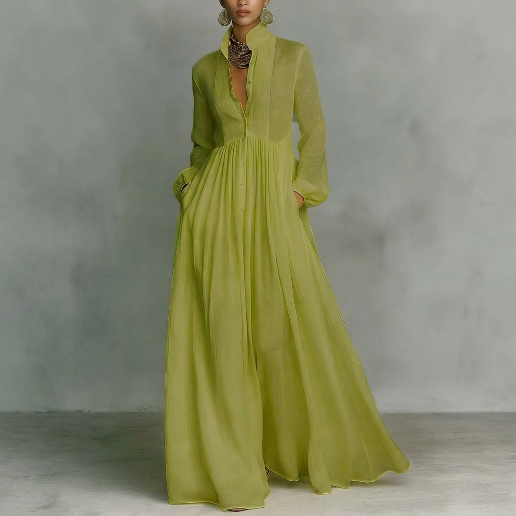 Dame Stå Krage Knapp-Ned Pleated Maxi Kjole