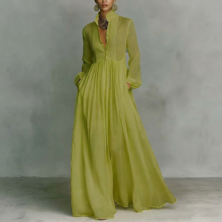 Dame Stå Krage Knapp-Ned Pleated Maxi Kjole
