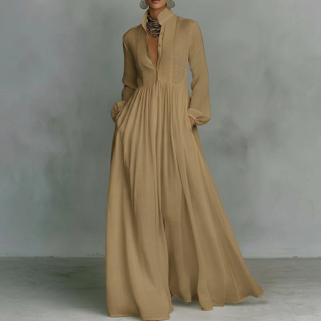 Dame Stå Krage Knapp-Ned Pleated Maxi Kjole