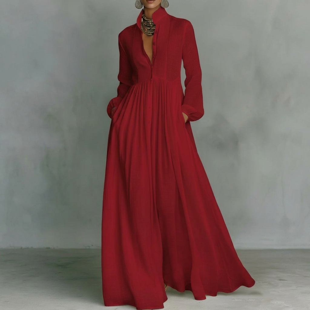Dame Stå Krage Knapp-Ned Pleated Maxi Kjole
