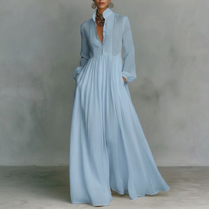 Dame Stå Krage Knapp-Ned Pleated Maxi Kjole