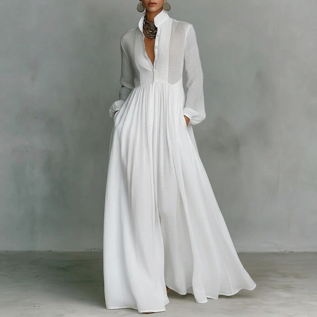 Dame Stå Krage Knapp-Ned Pleated Maxi Kjole
