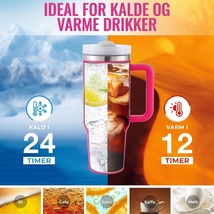 40 oz (ca. 1,2 l) termokopp i rustfritt stål med håndtak og lokk med sugerør