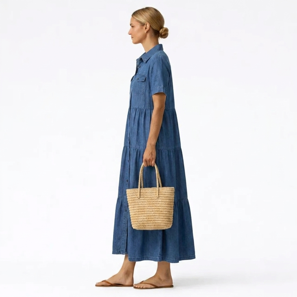 Midikjole med denimtrykk – uformelt snitt med knappelist foran