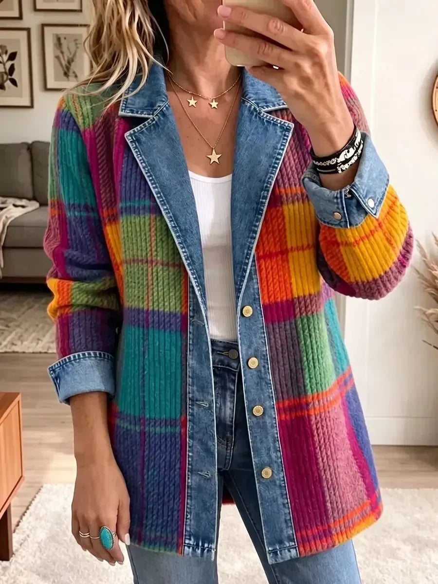 Rutete patchworkjakke i vintagestil med dongeridetaljer