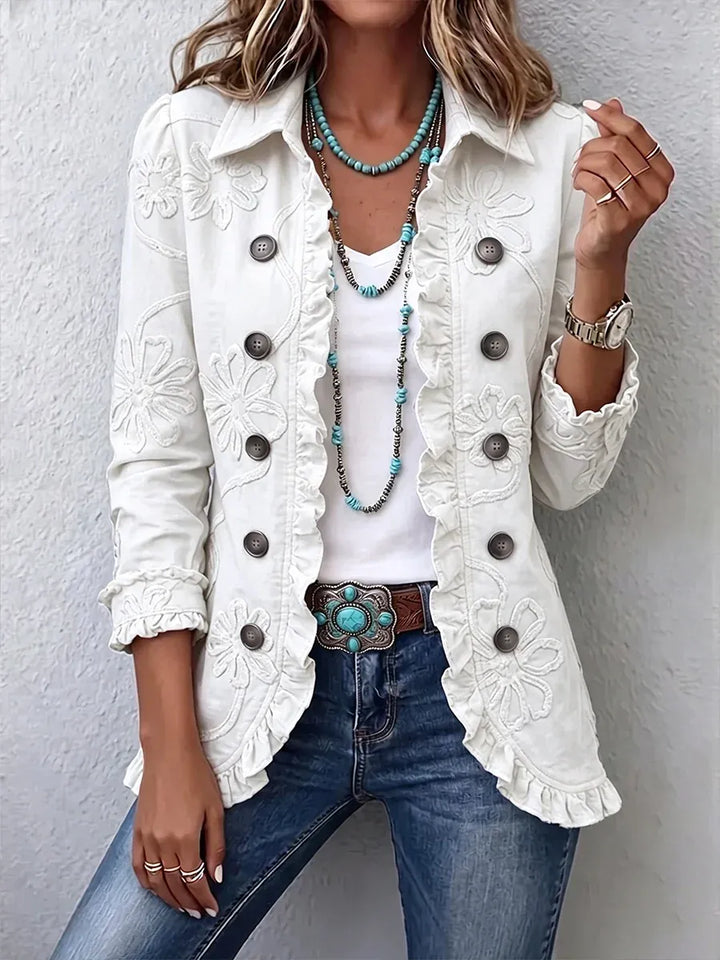 Blomsterbrodert utility-jakke – vintage boho-stil med volangkanter