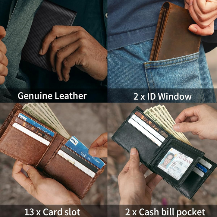 Bifold-lommebok i ekte skinn til herre med RFID-beskyttelse