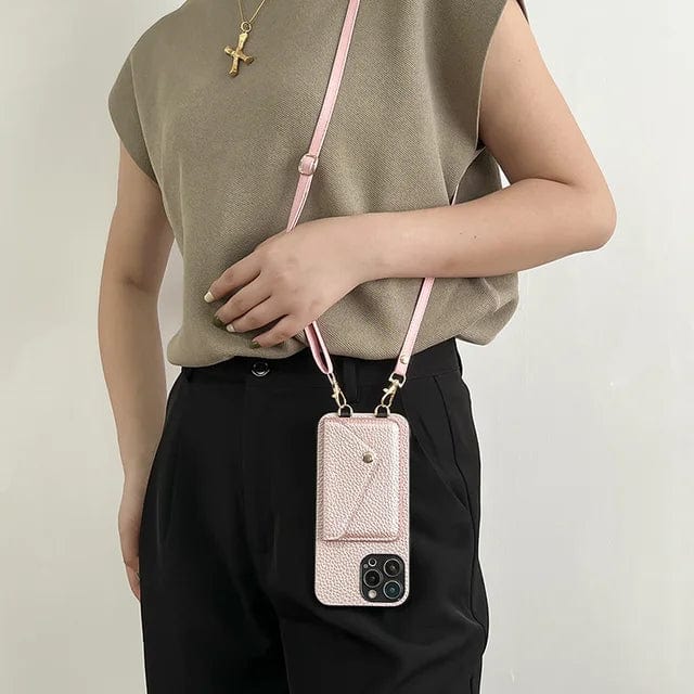 Lær Crossbody Telefonveske med Nøkkel Snøre og Kortholder