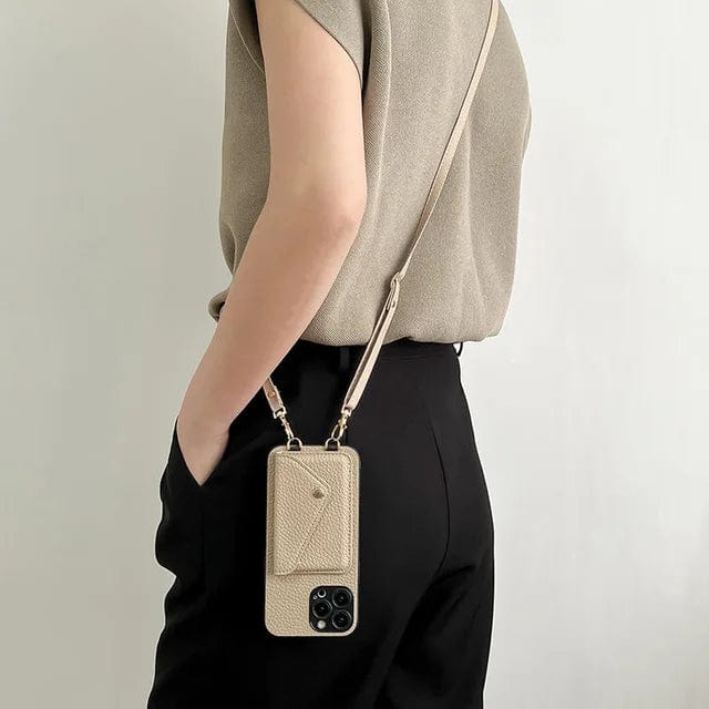 Lær Crossbody Telefonveske med Nøkkel Snøre og Kortholder