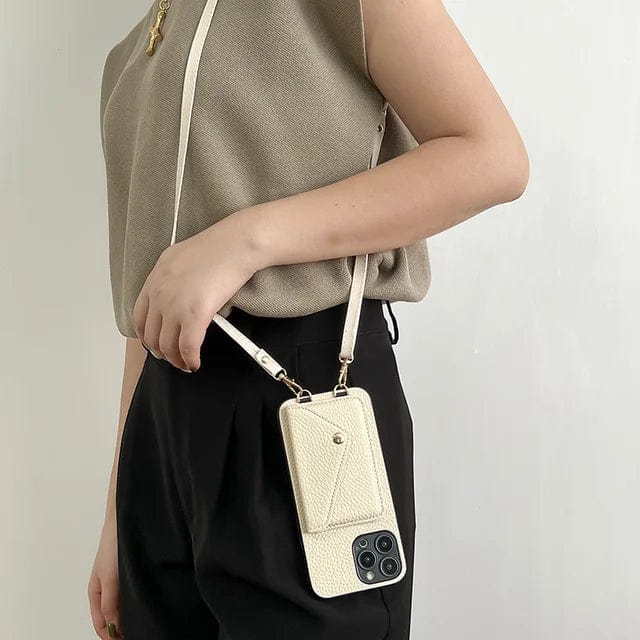Lær Crossbody Telefonveske med Nøkkel Snøre og Kortholder
