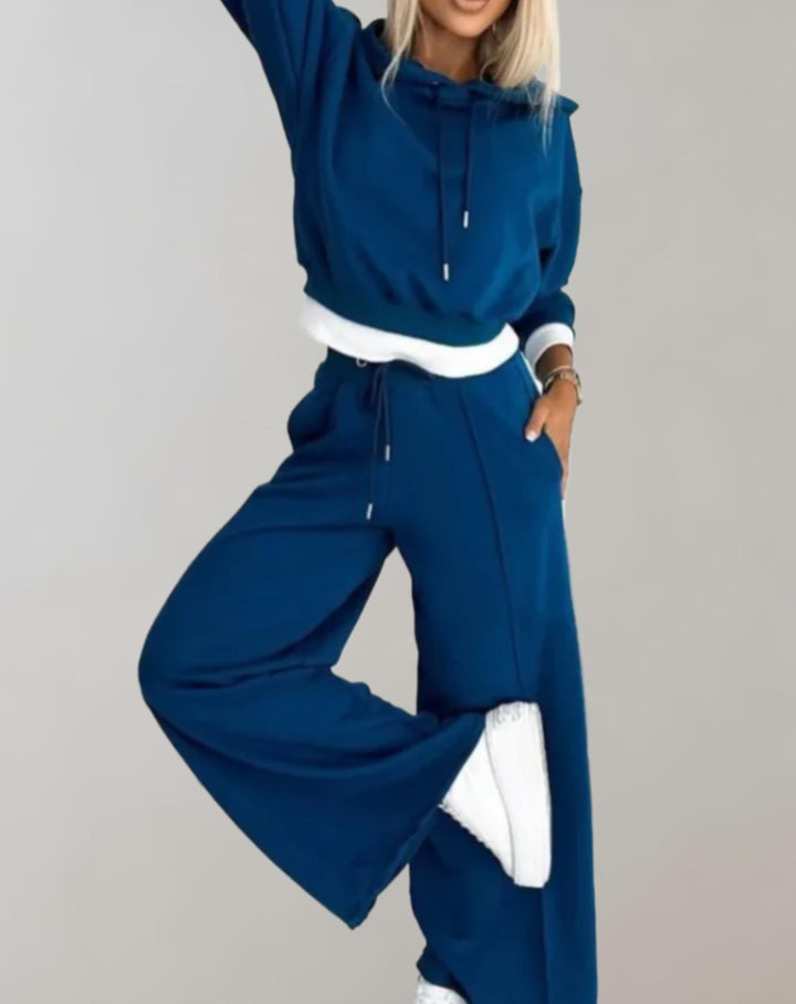 Todelt hoodie- og buksesett med vide bukseben til dame – loungewear i bomullsblanding