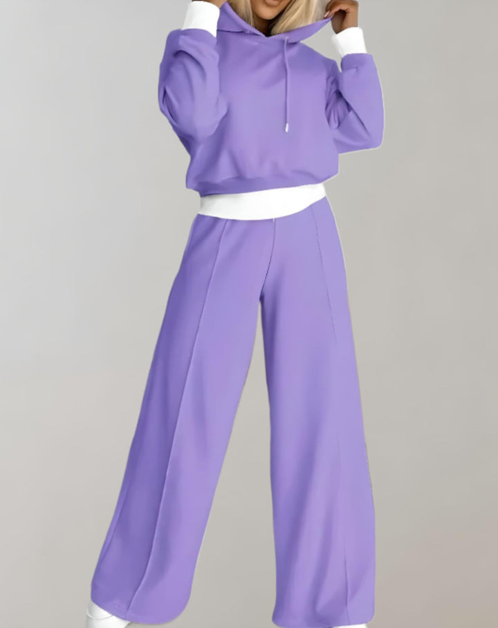 Todelt hoodie- og buksesett med vide bukseben til dame – loungewear i bomullsblanding