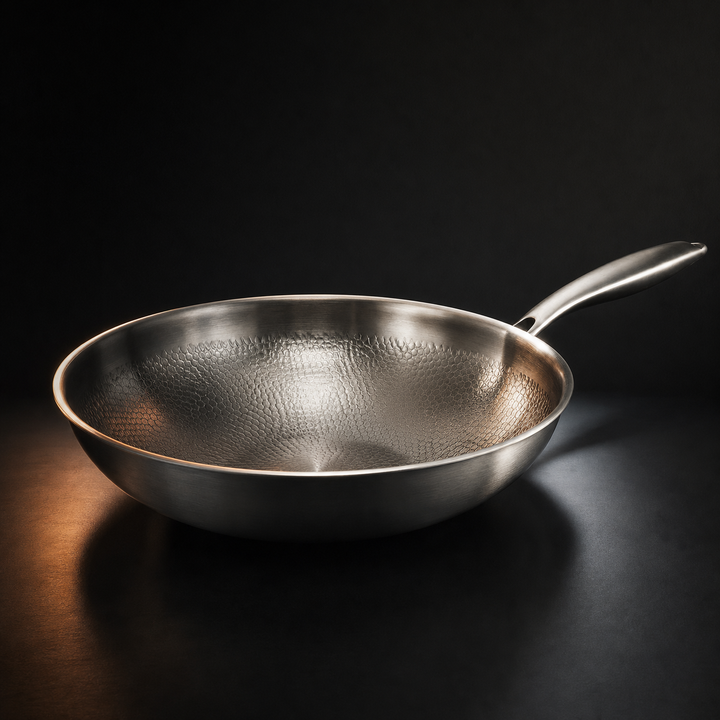 Hamret wokpanne i titan med flat bunn