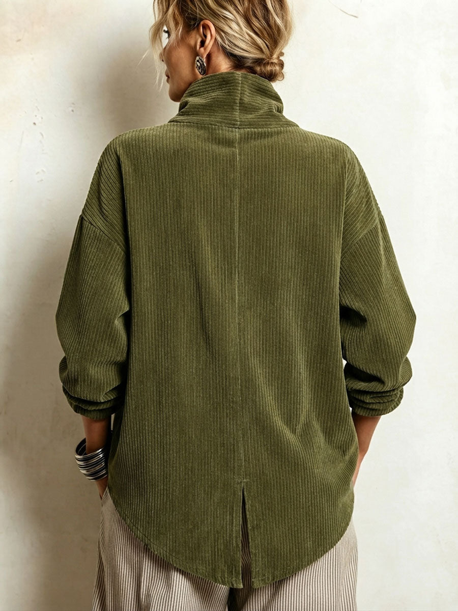 Sweatshirt i kordfløyel til dame med asymmetrisk knappelist og draperte sjalkrage