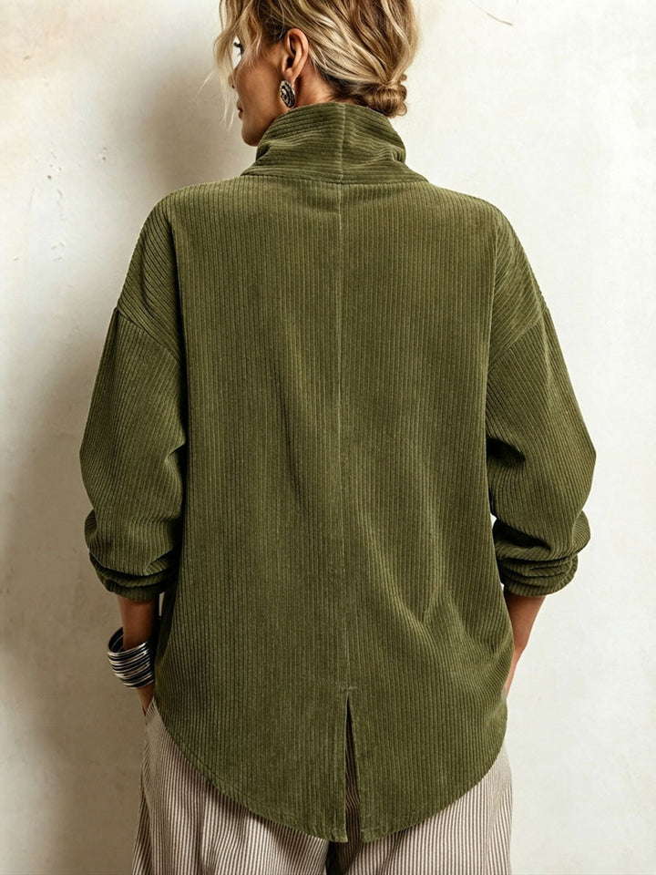 Sweatshirt i kordfløyel til dame med asymmetrisk knappelist og draperte sjalkrage
