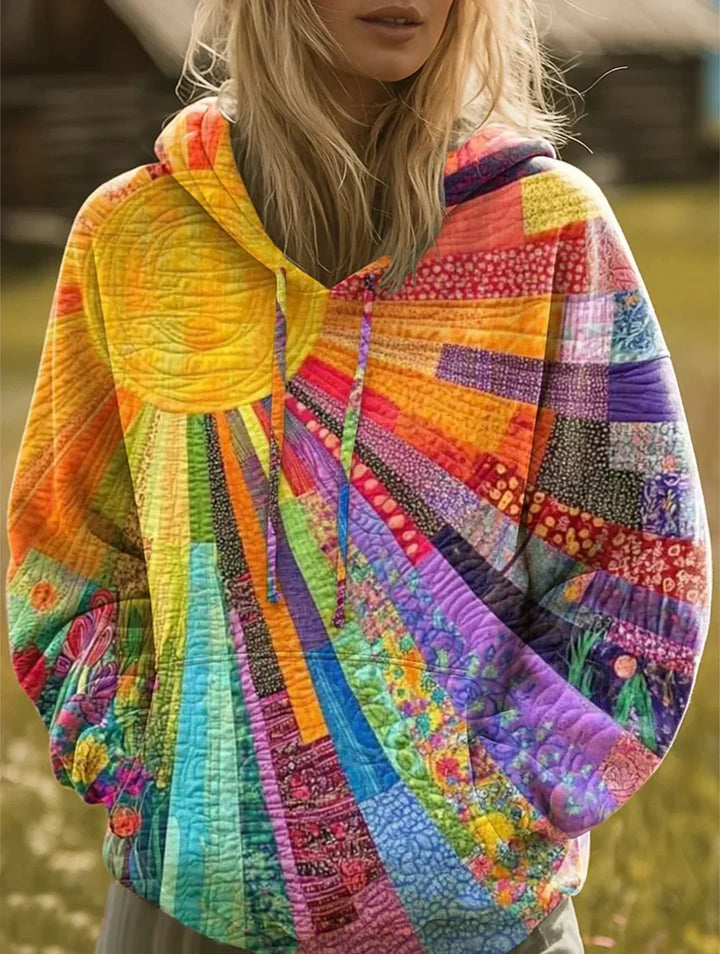 Bohemsk, flerfarget patchwork-hettegenser for dame