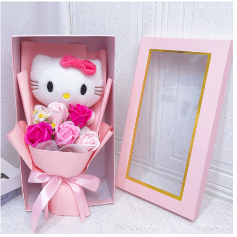 Bukett med fargerike kunstige blomster og Kitty-figurer til gave og pynt