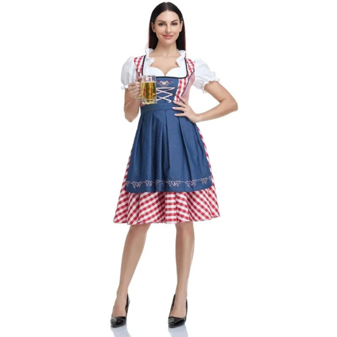 Rutete kjole til dame med snøremieder og forkle, Oktoberfest midi