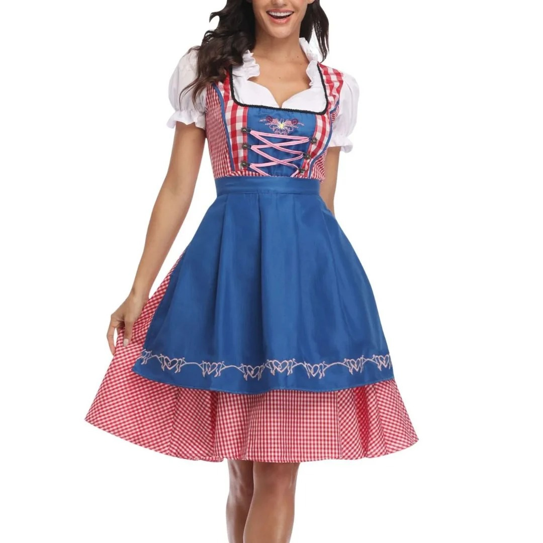 Rutete kjole til dame med snøremieder og forkle, Oktoberfest midi