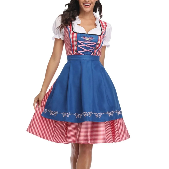 Rutete kjole til dame med snøremieder og forkle, Oktoberfest midi