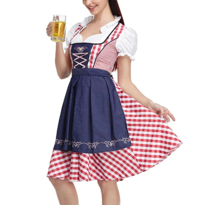 Rutete kjole til dame med snøremieder og forkle, Oktoberfest midi