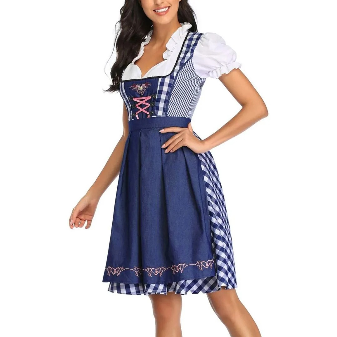 Rutete kjole til dame med snøremieder og forkle, Oktoberfest midi