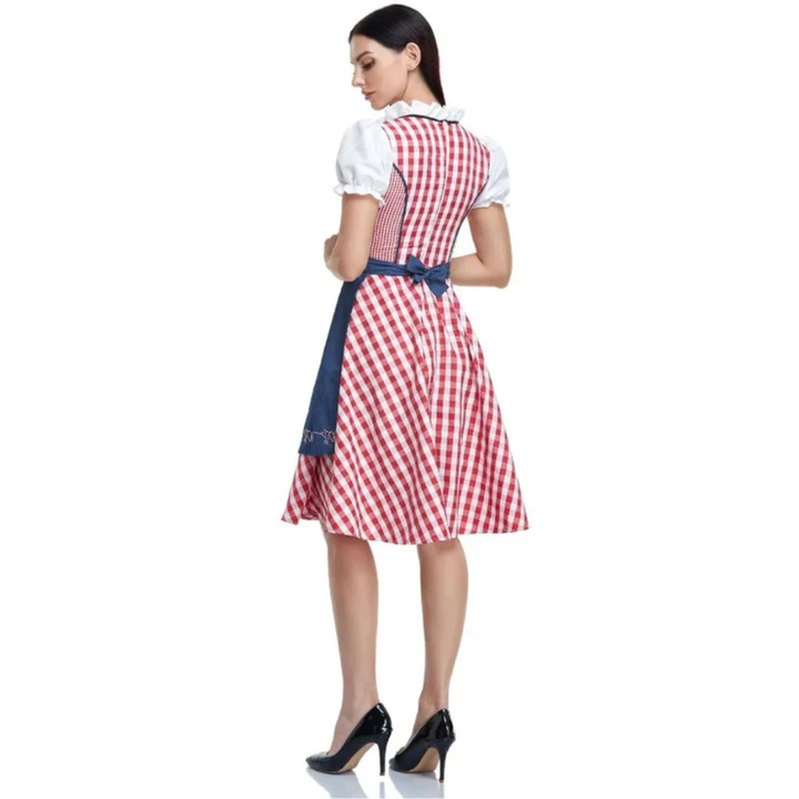 Rutete kjole til dame med snøremieder og forkle, Oktoberfest midi