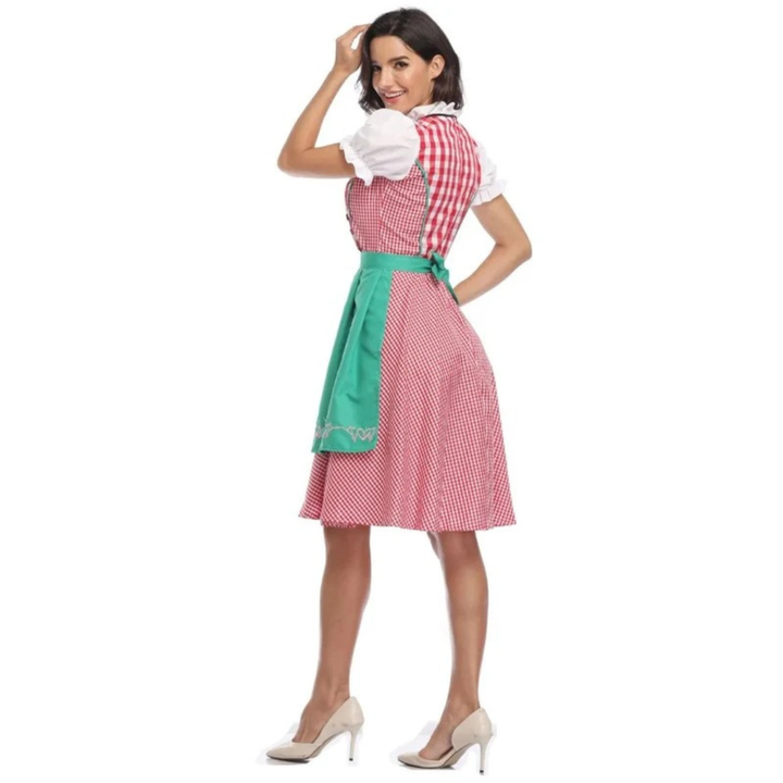 Rutete kjole til dame med snøremieder og forkle, Oktoberfest midi