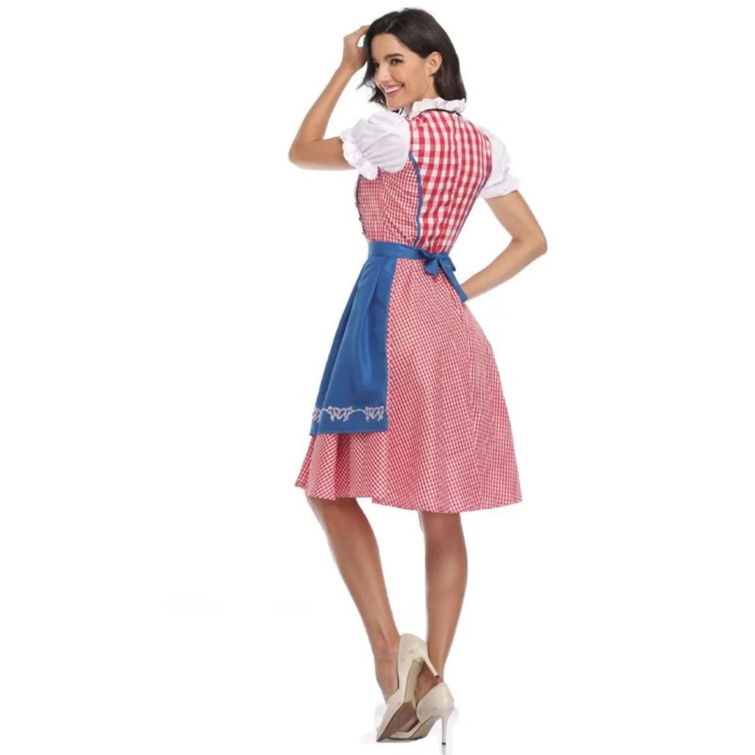 Rutete kjole til dame med snøremieder og forkle, Oktoberfest midi